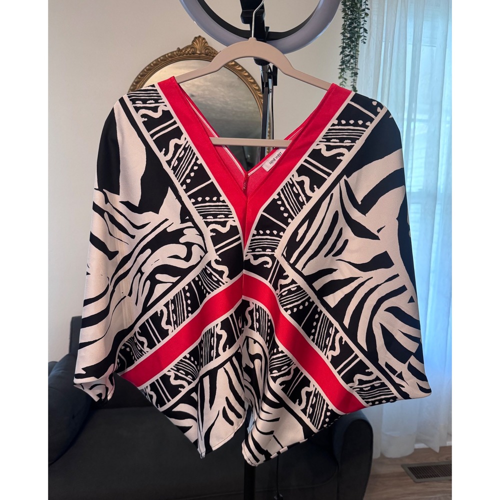 Nine West Women's XS Kimono Blouse Red Black White Zebra Geometric V-Neck Top